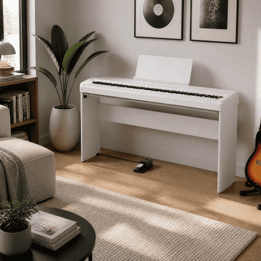 Roland FP-40 in white with matching stand and KPD-70 pedal unit in a living room